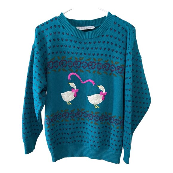 Vintage Kate Collins Made in USA Teal Sweater with Embroidered Geese and Heart M - Picture 1 of 5